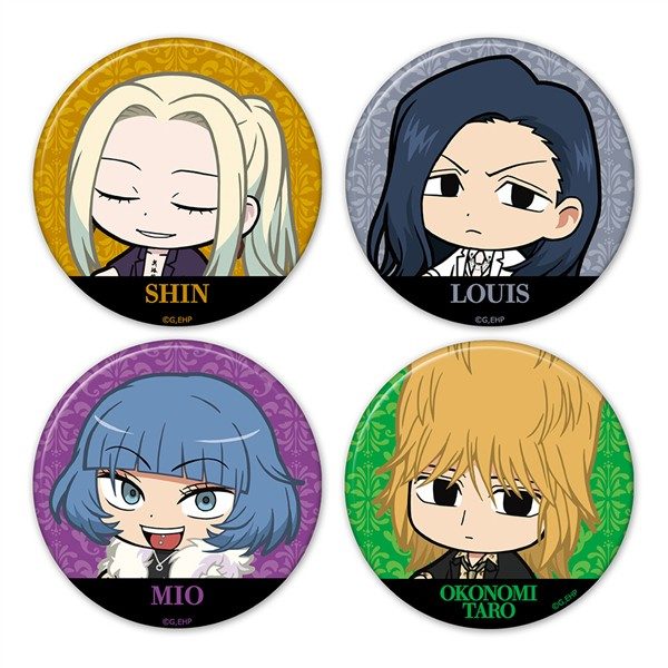 えぶりでいホスト ついてっく缶バッジ4個セット シン&ルイ&ミオ&おこのみ太郎 ("Everyday Host" Tsuitekku Can Badge 4 Set Shin & Louis & Mio & Okonomitaro)