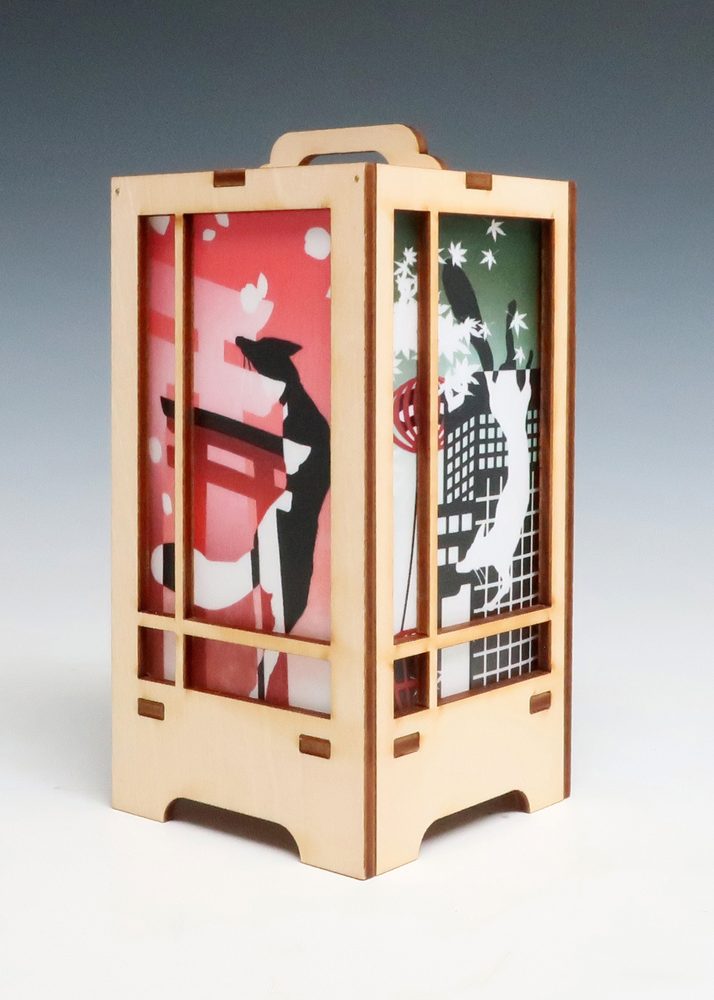 木製クラフト 木楽 行燈(きらく あんどん) きつね四季・白木 (Wooden Craft KIRAKU ANDON Fox: Four Seasons, Unpainted Type)