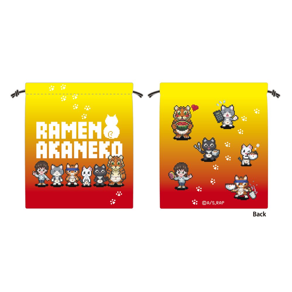 ラーメン赤猫 ドット絵イラスト 巾着 ("Ramen Akaneko" Pixel Art Illustration Kinchaku)