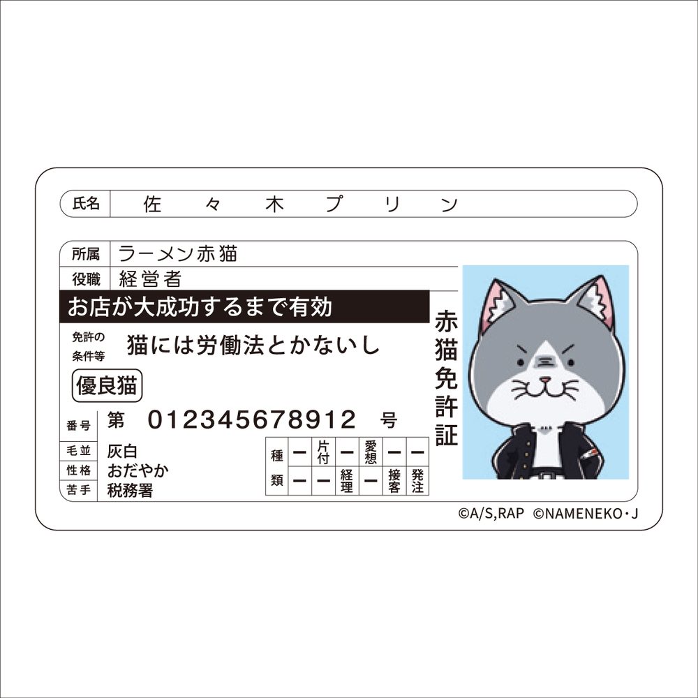 ラーメン赤猫×なめ猫コラボ 免許証風ステッカー 佐々木 ("Ramen Akaneko" x Nameneko Collaboration Driver's License Style Sticker Sasaki)