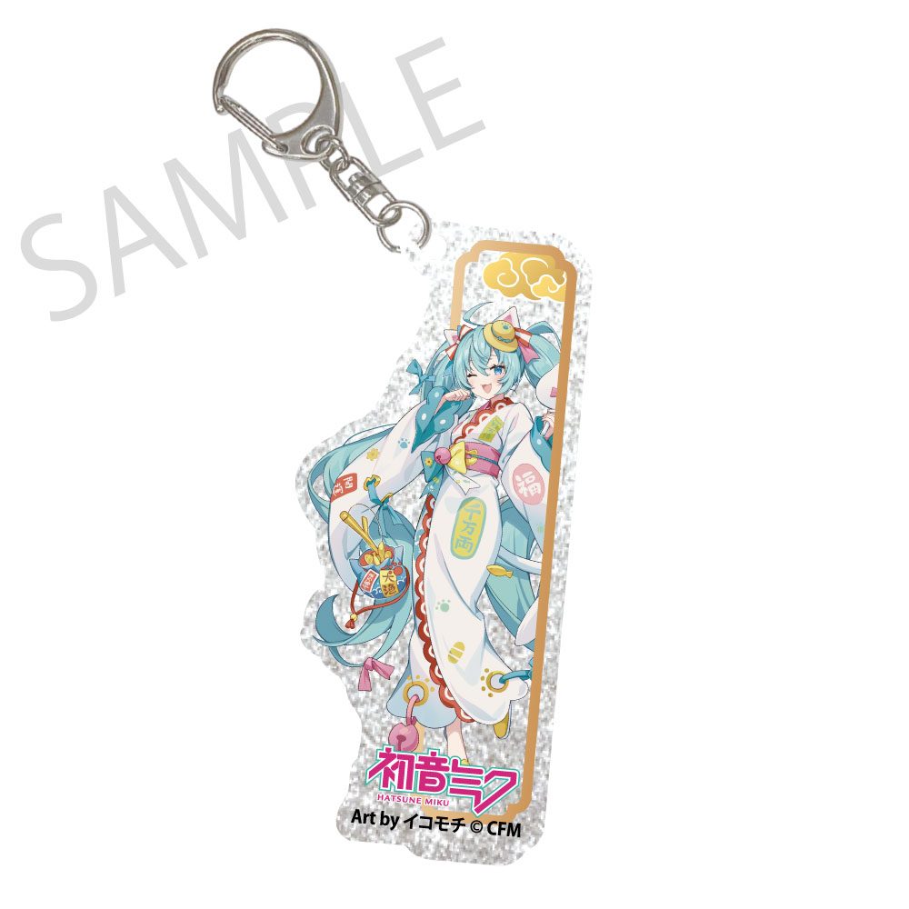 初音ミク×招き猫×真夏の熊谷 シルバーバックアクリルキーホルダー 初音ミク 白猫 Art by イコモチ (Hatsune Miku x Maneki-neko x Midsummer in Kumagaya Silver Background Acrylic Key Chain Hatsune Miku White Cat Art by Icomochi)
