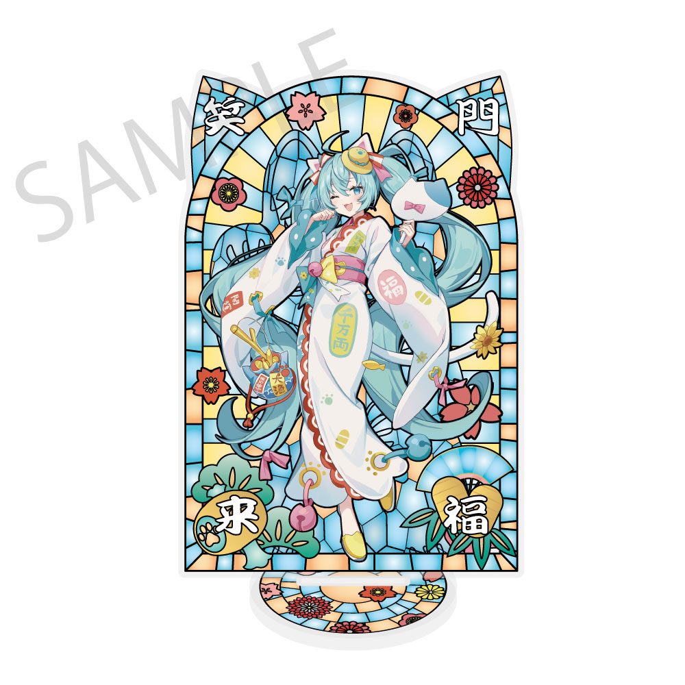 初音ミク×招き猫×真夏の熊谷 ステンドグラス風素材加工アクリルスタンド 初音ミク 白猫 Art by イコモチ (Hatsune Miku x Maneki-neko x Midsummer in Kumagaya Stained Glass Style Material Processing Acrylic Stand Hatsune Miku White Cat Art by Icomochi)