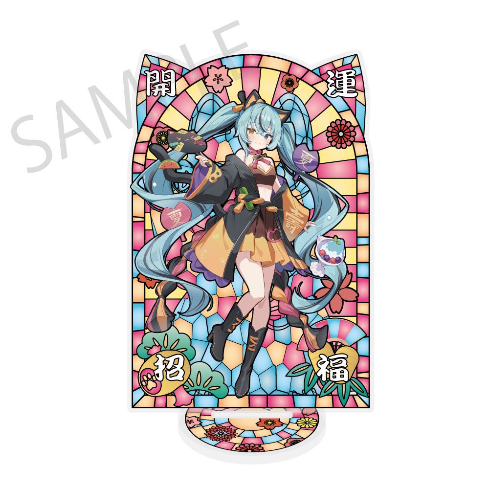 初音ミク×招き猫×真夏の熊谷 ステンドグラス風素材加工アクリルスタンド 初音ミク 黒猫 Art by イコモチ (Hatsune Miku x Maneki-neko x Midsummer in Kumagaya Stained Glass Style Material Processing Acrylic Stand Hatsune Miku Black Cat Art by Icomochi)