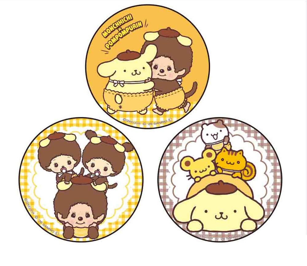 MONCHHICHI×POMPOMPURIN 缶バッジ3個セット むぎゅっと (Monchhichi x Pom Pom Purin Can Badge 3 Set Mugyutto)