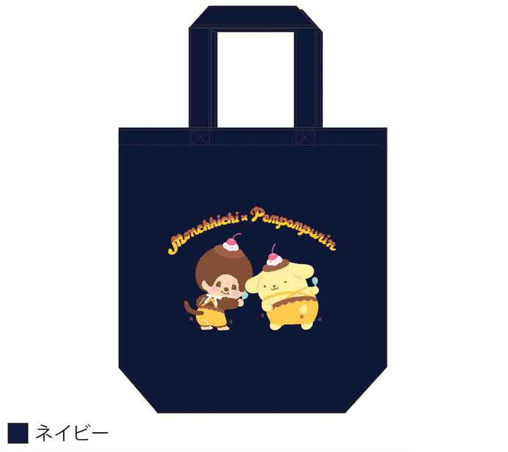 MONCHHICHI×POMPOMPURIN トートバッグ フリフリ ネイビー (Monchhichi x Pom Pom Purin Tote Bag Furifuri Navy)