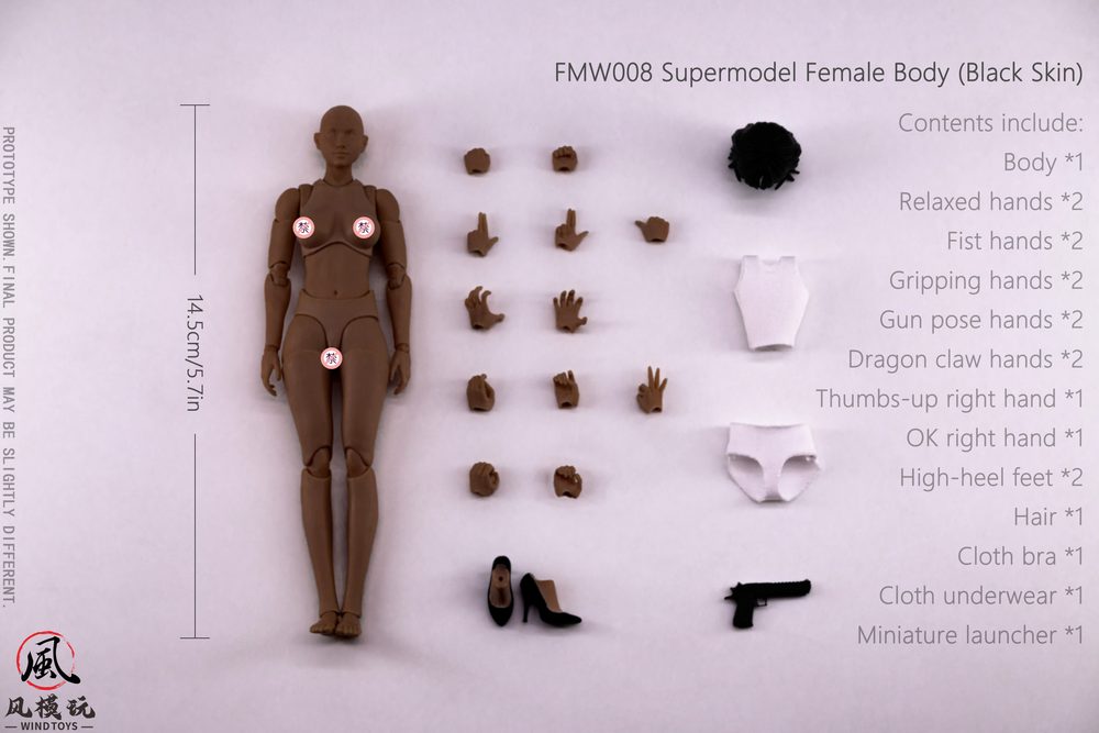 WIND TOYS 1/12スケール 可動フィギュア スーパーモデル女性素体 FMW008 ブラック (WIND TOYS 1/12 SUPER MODEL ACTION FEMALE BODY FMW008 BLACK SKIN)