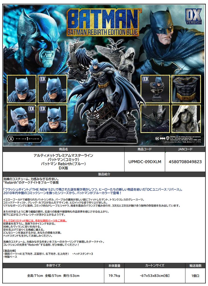 アルティメットプレミアムマスターライン バットマン(コミック) バットマン Rebirth(ブルー) DX版 (Ultimate Premium Masterline "Batman (Comics)" Batman Rebirth Edition (Blue) DX Edition)